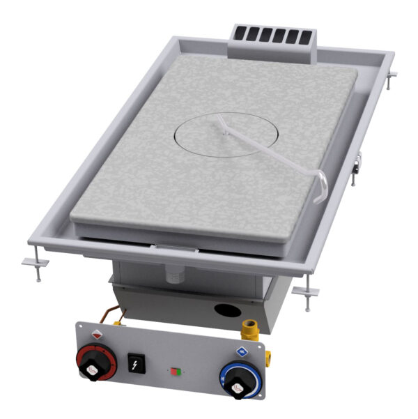 TUTTA PIASTRA GAS Piastra cm 37x57. Accensione elettrica, indicatore presenza fiamma pilota, canala perimetrale allagabile, scarico con filtro removibile.