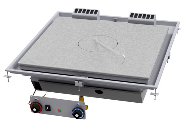 TUTTA PIASTRA GAS Piastra cm 77x57. Accensione elettrica, indicatore presenza fiamma pilota, canala perimetrale allagabile, scarico con filtro removibile.