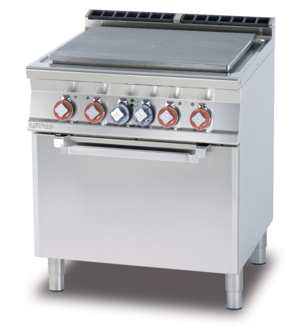 Tutta piastra su Forno elettrico statico cm. 67x55x34h, temp: 50÷300°C , con 1 griglia cm.65x53 GN2/1 - piastra cm. 70x50 4 zone (inclusa 1 testata chiusura piano mod.TPA-7)