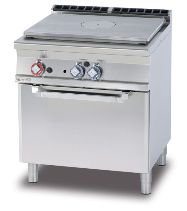 Tutta piastra su Forno elettrico ventilato cm. 55x36x34h, temp: 50÷300°C , con 1 griglia cm.53x32,5 GN1/1 - piastra cm. 77x57 (inclusa 1 testata chiusura piano mod.TPA-7)