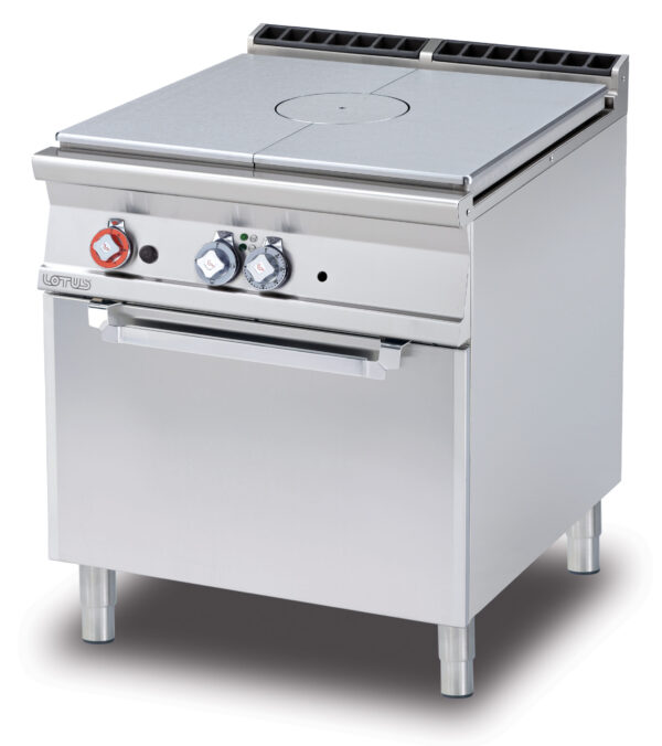 Tutta piastra su Forno elettrico ventilato cm. 55x36x34h, temp: 50÷300°C, con 1 griglia cm.53x32,5 GN1/1 - piastra cm. 79x73 (inclusa 1 testata chiusura piano mod.TPC-9)