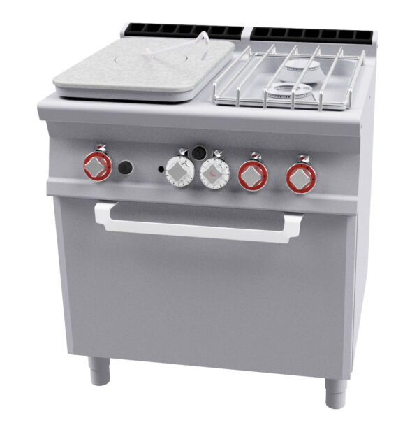 TUTTA PIASTRA + 2 FUOCHI SU Forno elettrico statico cm. 67x55x34h, temp: 50÷300°C , con 1 griglia cm.65x53 GN2/1 - Piastra cm 37x57 (inclusa 1 testata chiusura piano mod.TPA-7)