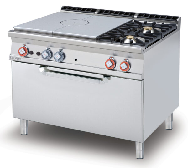 TUTTA PIASTRA + 2 FUOCHI SU FORNO GAS statico cm. 107x73x34h, temp: 150÷300°C, con 1 griglia cm.105x71 - Piastra cm 79x73 (inclusa 1 testata chiusura piano mod.TPC-9)