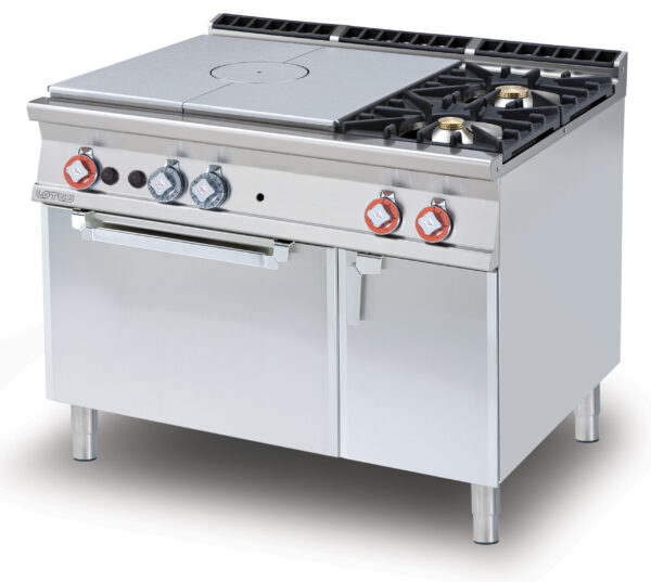 TUTTA PIASTRA + 2 FUOCHI SU FORNO GAS statico cm. 67x73x34h, temp: 150÷300°C, con 1 griglia cm.65x71 GN2/1 - Piastra cm 79x73 - vano neutro con porta (inclusa 1 testata chiusura piano mod.TPC-9)