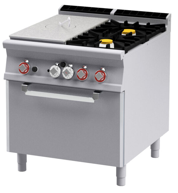 TUTTA PIASTRA + 2 FUOCHI SU FORNO GAS statico cm. 67x73x34h, temp: 150÷300°C, con 1 griglia cm.65x71 GN2/1 - Piastra cm 39x73 (inclusa 1 testata chiusura piano mod.TPC-9)