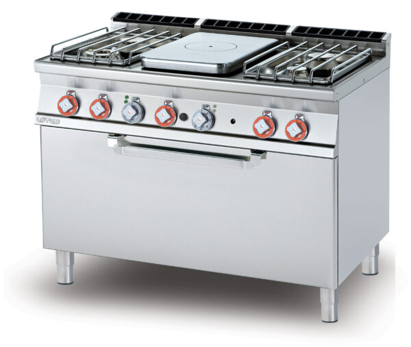 TUTTA PIASTRA + 4 FUOCHI SU Forno elettrico statico cm. 107x55x34h, temp: 50÷300°C , con 1 griglia cm.105x53 - Piastra cm 37x57  (inclusa 1 testata chiusura piano mod.TPA-7)