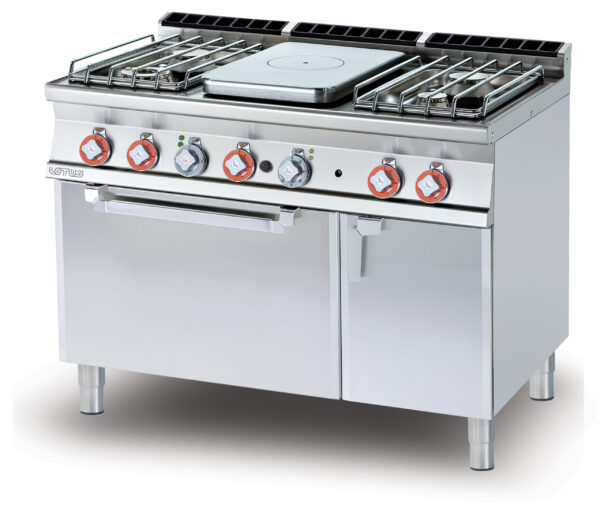 TUTTA PIASTRA + 4 FUOCHI SU FORNO GAS statico cm. 67x55x34h, temp: 150÷300°C, con 1 griglia cm.65x53 GN2/1 - Piastra cm 37x57 - vano neutro con porta (inclusa 1 testata chiusura piano mod.TPA-7)