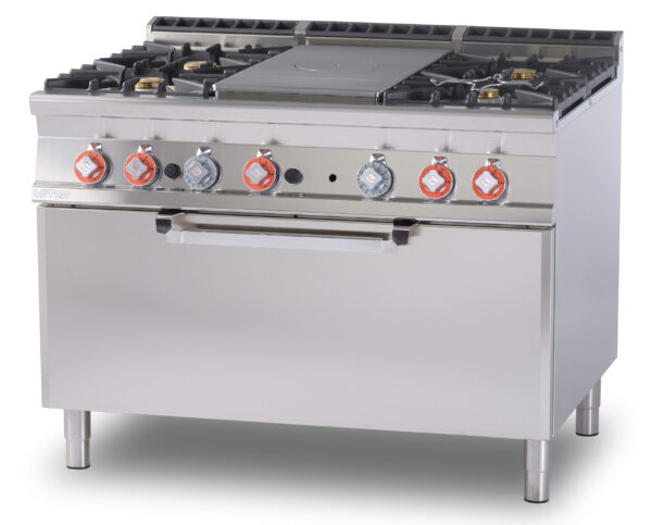 TUTTA PIASTRA + 4 FUOCHI SU Forno elettrico statico cm. 107x73x34h, temp: 50÷300°C, con 1 griglia cm.105x71 - Piastra cm 39x73  (inclusa 1 testata chiusura piano mod.TPC-9)