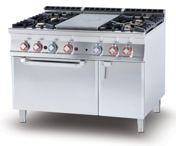 TUTTA PIASTRA + 4 FUOCHI SU FORNO GAS statico cm. 67x73x34h, temp: 150÷300°C, con 1 griglia cm.65x71 GN2/1 - Piastra cm 39x73 - vano neutro con porta (inclusa 1 testata chiusura piano mod.TPC-9)