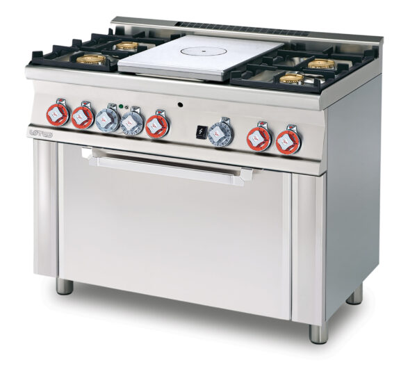 TUTTA PIASTRA + 4 FUOCHI CON Forno elettrico multifunzione cm. 64x37x35h, temp: 50÷250°C, con 1 griglia cm.53x32,5 GN1/1 - Piastra cm. 37x50 - Porta vetro