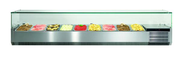 VETRINA refrigerata statica +2/+7°C portaingredienti per pizza, capacità 9xGN1/3. Con sovrastruttura in vetro. R290